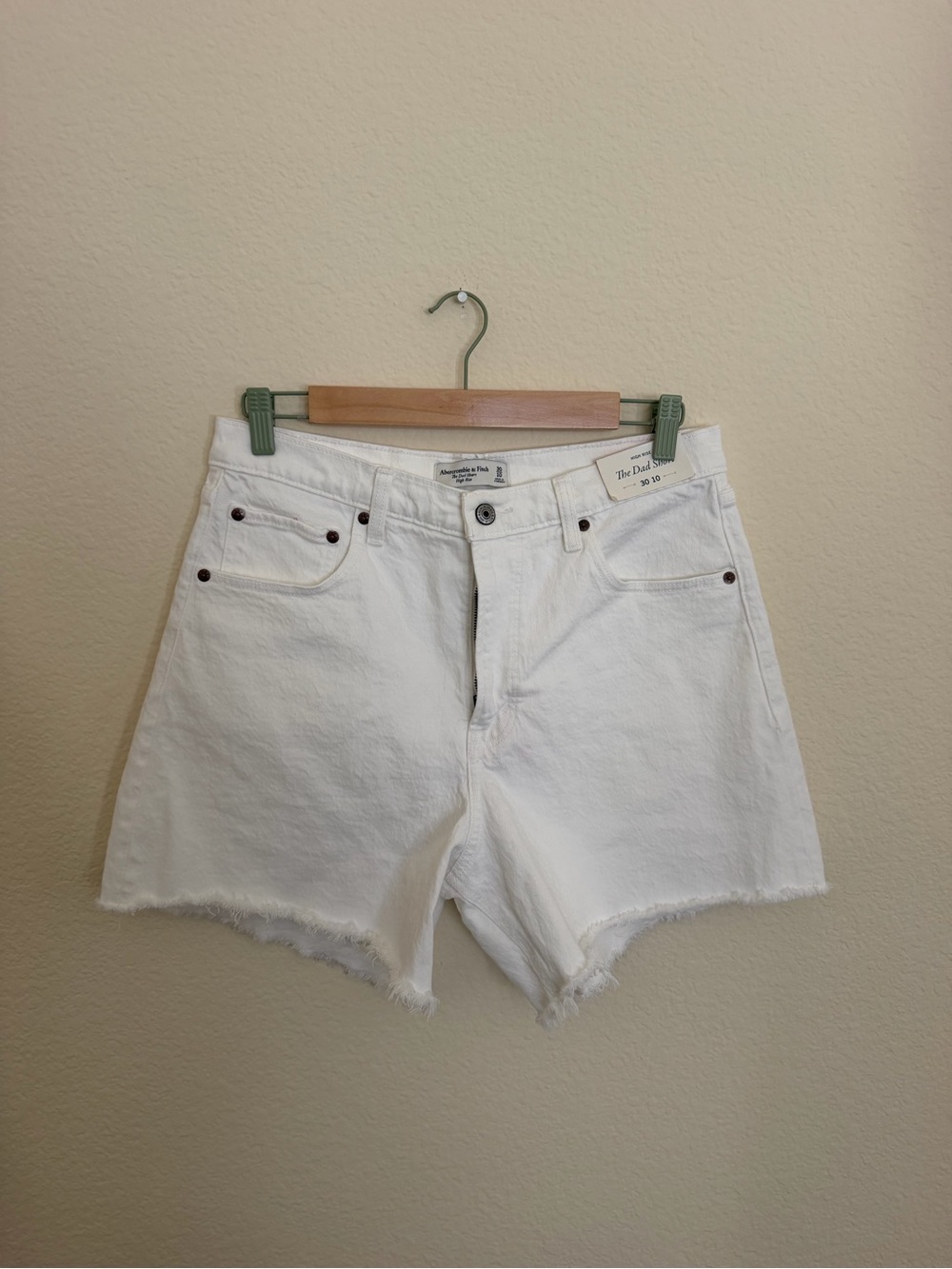 Abercrombie & Fitch White High-Rise Denim Shorts with Frayed Hem